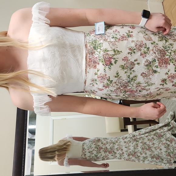 SIZE 8 white w/ pink & green floral 2 piece prom dress by Rachel Allan, no alter - Picture 2 of 13